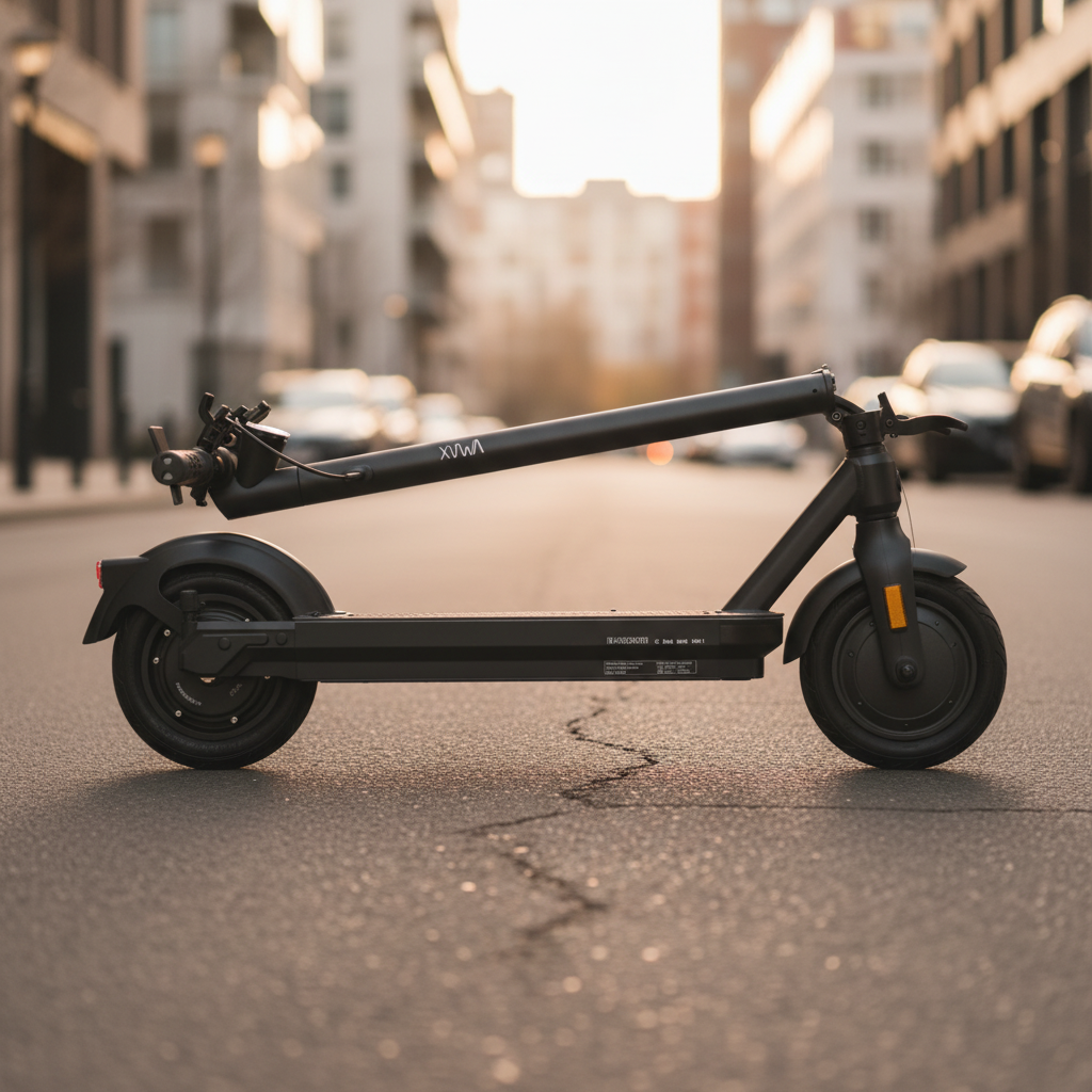 A black electric scooter parked on a city street with buildings and parked cars blurred in the background, captured in warm golden-hour light.